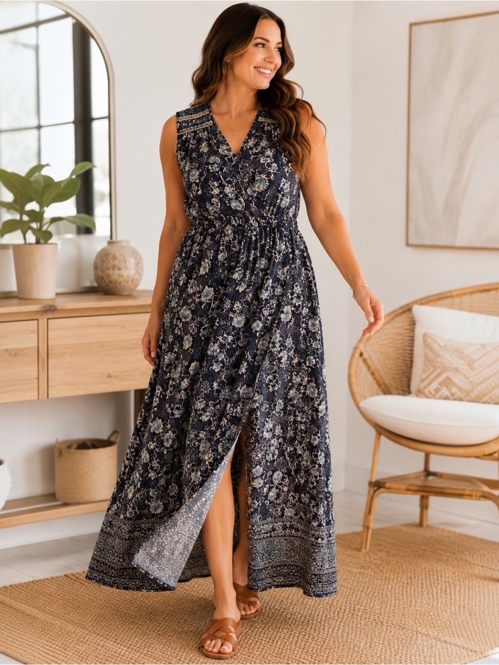 Knox Rose XXL Navy Blue Floral Boho Maxi Dress Rayon Sleeveless Empire Waist
